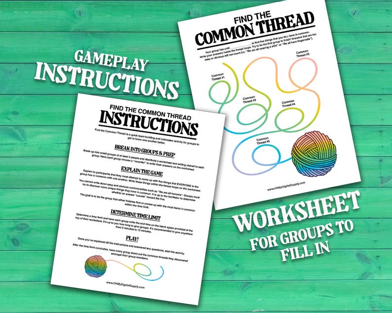 Find the Common Thread Team Building Activity & Group Icebreaker Game.  A digital download of 2 PDF pages, one worksheet and one instruction sheet.