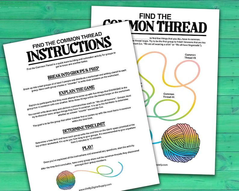 Find the Common Thread Team Building Activity & Group Icebreaker Game.  A digital download of 2 PDF pages, one worksheet and one instruction sheet.
