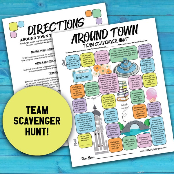 Around Town Team Scavenger Hunt Printable Activity, Competitive Exploration Game & Team Building Challenge, Urban Scavenger Hunt