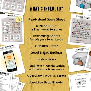 May include: A collection of printed materials for a mystery-themed escape room game. Includes a read-aloud story sheet, puzzles, recording sheets, a ransom letter, instructions, and a facilitator guide. The game features a lockbox and a cat theme.