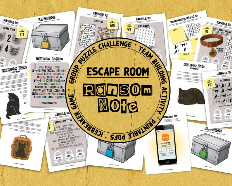 May include: An escape room game with the title "Ransom Note" is displayed. The game includes various puzzles, a smartphone, and illustrations of cats. The game is designed for group puzzle challenges and team-building activities.