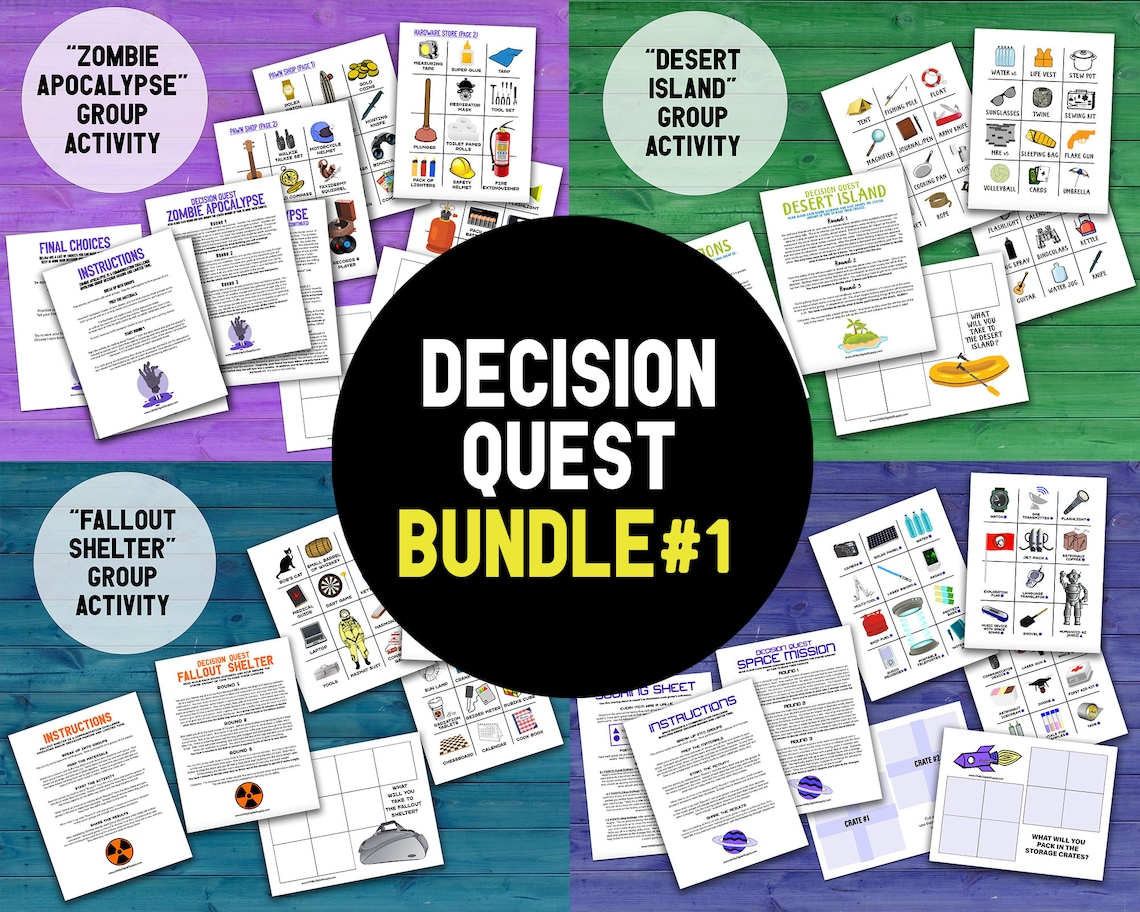 Decision Quest Bundle #1. A bundle of Decision Quest team building games are shown including Zombie Apocalypse, Desert Island, Fallout Shelter, and Space Mission.