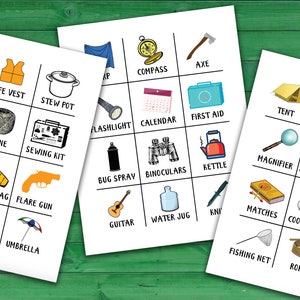 Images of printable item sheets used in the activity.  Each item sheet includes squares with items in them arranged in a grid.  Items include food, tools, and survival gear.