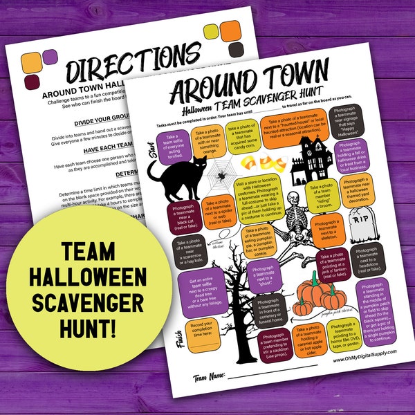 Rund um die Stadt Halloween Team Scavenger Hunt druckbare Aktivität, Competitive Exploration Game & Team Building Challenge, Urlaub Schnitzerei