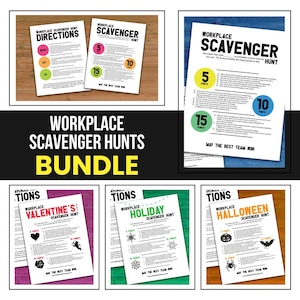 Puede incluir: Un paquete de juegos de búsqueda del tesoro imprimibles para el lugar de trabajo. Los juegos incluyen temas para el Día de San Valentín, las fiestas, Halloween y una búsqueda del tesoro general. Cada juego tiene un fondo colorido e incluye instrucciones, una lista de tareas y puntos para cada tarea.