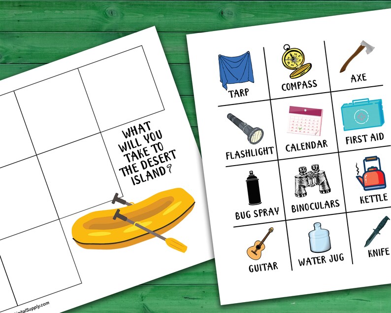 Image of printable item sheet and raft sheet used in the activity.