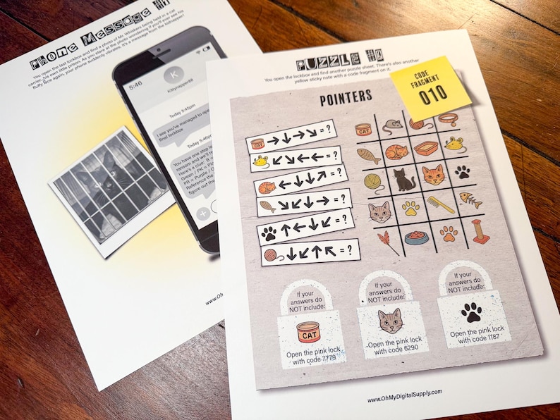 May include: Printed puzzle sheets with the text "Phone Message" and "Puzzle HQ." One sheet shows a phone with a text message. The other sheet has a grid with cat-themed icons and arrows, plus a yellow sticky note with "010."