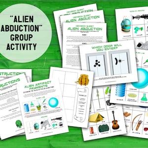 Alien Abduction group activity. Images of all 13 of the PDF pages included in the printable activity including instructions, story sheet, items pages, backpack page, and more.