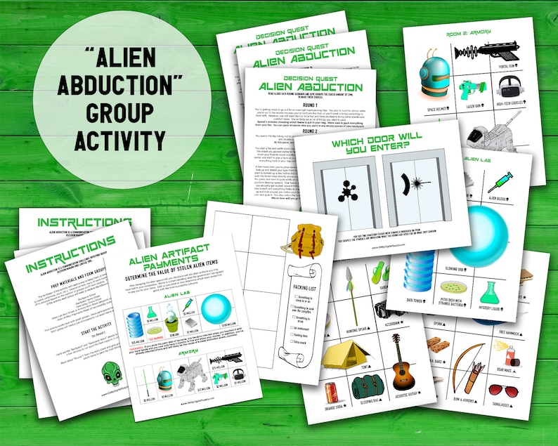 Alien Abduction group activity. Images of all 13 of the PDF pages included in the printable activity including instructions, story sheet, items pages, backpack page, and more.