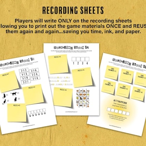 May include: Three white sheets with the text "Recording Sheets" and puzzle instructions. Each sheet has yellow sticky notes and puzzle clues. The top text reads "Players will write ONLY on the recording sheets..."
