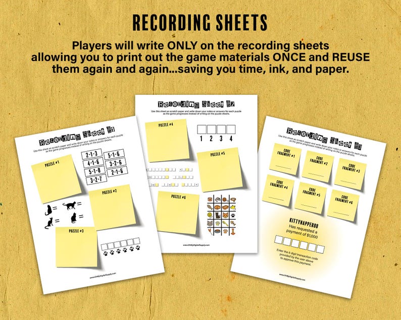 May include: Three white sheets with the text "Recording Sheets" and puzzle instructions. Each sheet has yellow sticky notes and puzzle clues. The top text reads "Players will write ONLY on the recording sheets..."