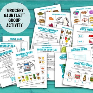 Grocery Gauntlet group activity. Images of all 18 of the PDF pages included in the printable activity including instructions, story sheets, grocery items pages, Grocery Gauntlet Rounds 1-3 pages, answer key, and more.