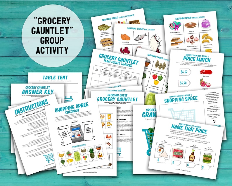Grocery Gauntlet group activity. Images of all 18 of the PDF pages included in the printable activity including instructions, story sheets, grocery items pages, Grocery Gauntlet Rounds 1-3 pages, answer key, and more.