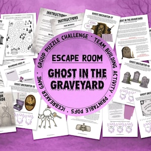 Könnte beinhalten: Eine Sammlung von druckbaren Escape-Room-Spielmaterialien mit dem Titel "Ghost in the Graveyard". Das Material umfasst Anweisungen, Karten, Puzzle-Anleitungen und Begegnungsbögen. Das Design weist ein lila-weißes Farbschema mit gruseligen Illustrationen auf.