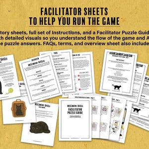 May include: A collection of white paper sheets with black text and illustrations, including a black cat, a cat in a carrier, and a yellow ball. The text reads "FACILITATOR SHEETS TO HELP YOU RUN THE GAME".