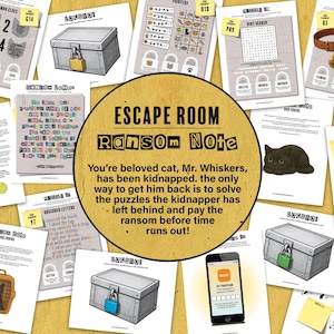 May include: An escape room game with the theme of a kidnapped cat. The game includes various puzzles, clues, and a ransom note. The game's objective is to solve the puzzles to rescue the cat before time runs out.
