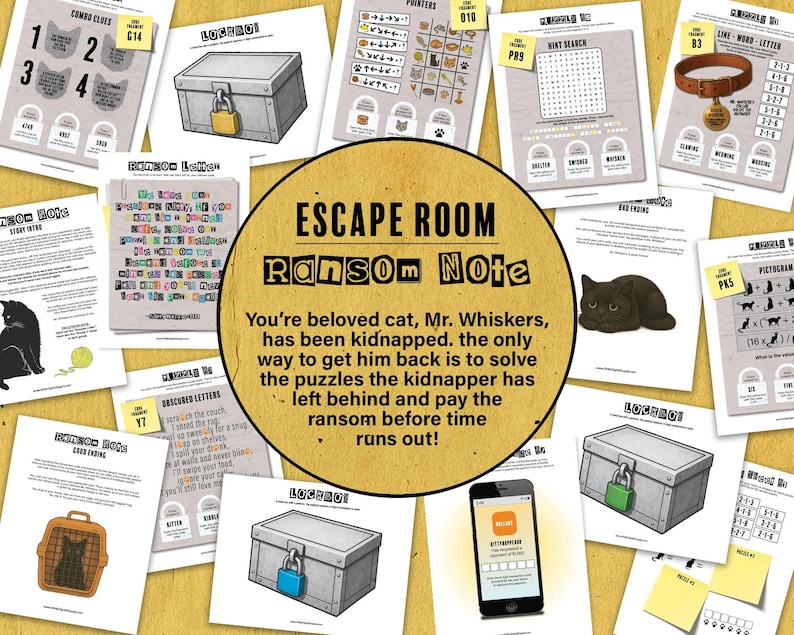 May include: An escape room game with the theme of a kidnapped cat. The game includes various puzzles, clues, and a ransom note. The game's objective is to solve the puzzles to rescue the cat before time runs out.