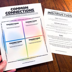 May include: Two white sheets of paper with the text "Common Connections" and "Common Connections Instructions". The first sheet has a colorful grid for writing. The second sheet has instructions. The sheets are on a wooden surface.
