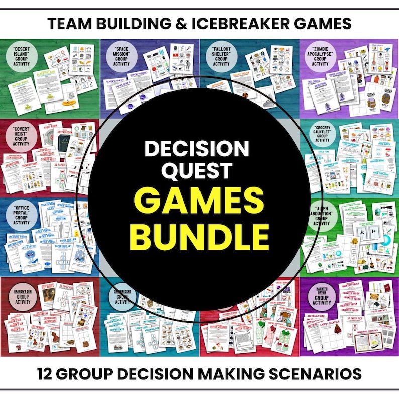 Decision Quest Games Bundle. Includes 12 Decision quest games: Desert Island, Fallout Shelter, Space Mission, Zombie Apocalypse, Covert Heist, Office Portal, Alien Abduction, Grocery Gauntlet, Shipwrecked, Dragon's Den, Haunted Haven, and Santa's Workshop.