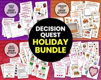 May include: A collection of printable group decision-making games for team building and icebreaker activities. The bundle includes themed games for Halloween, Thanksgiving, and Christmas, with instructions and various activity sheets.