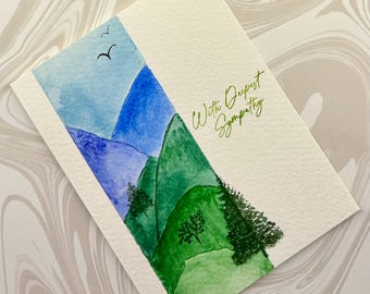 Handmade sympathy card with watercolor mountain scene