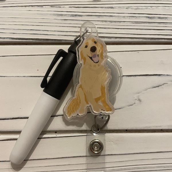 Dog Badge Reel with Pen-Golden Retriever, Golden Doodle, Great Pyrenees, Border Collie, Christmas, Halloween, Corgi