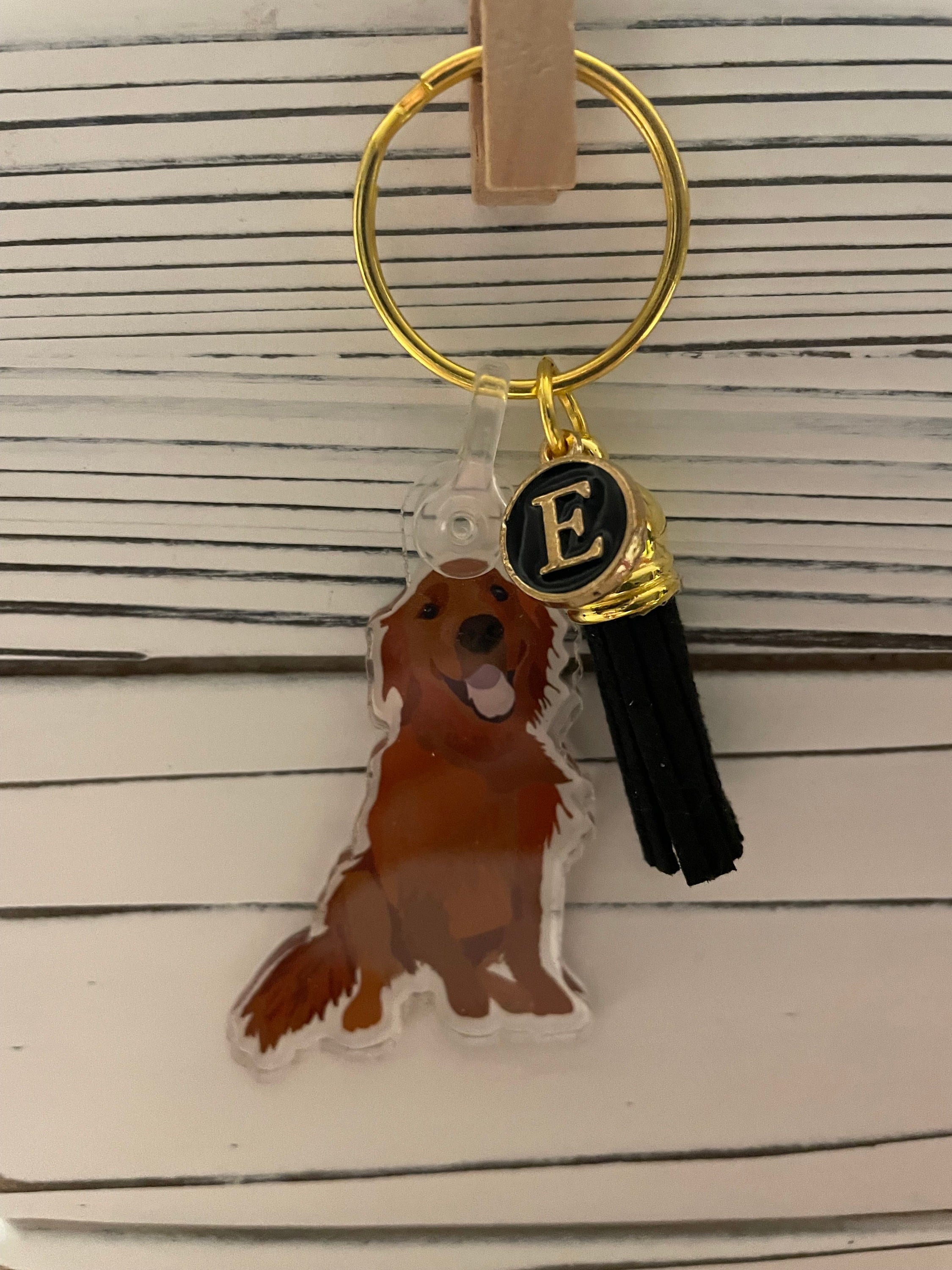 PU Leather Luxury Fashion Brown and Gold Pattern Dog Golden Retriever  Animal Keychain Tassel Purse Accessory Gift Women & Cute High Quality
