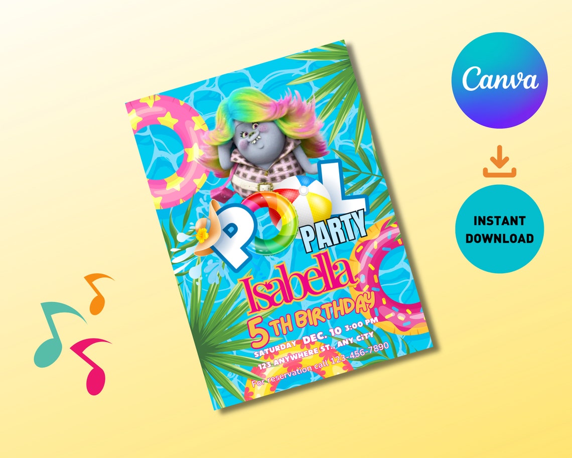 Trolls Glitter Lady Sparkles Pool Party Invitation, Trolls Birthday, Printable Trolls Birthday ...