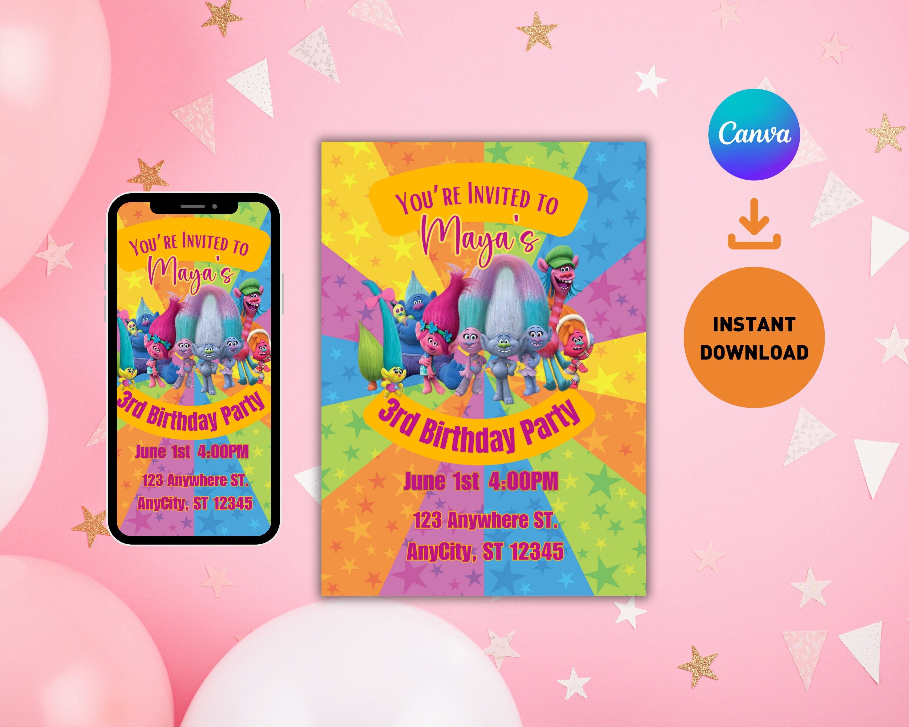 Printable Trolls Invitation, Trolls Birthday Invite Editable, Trolls