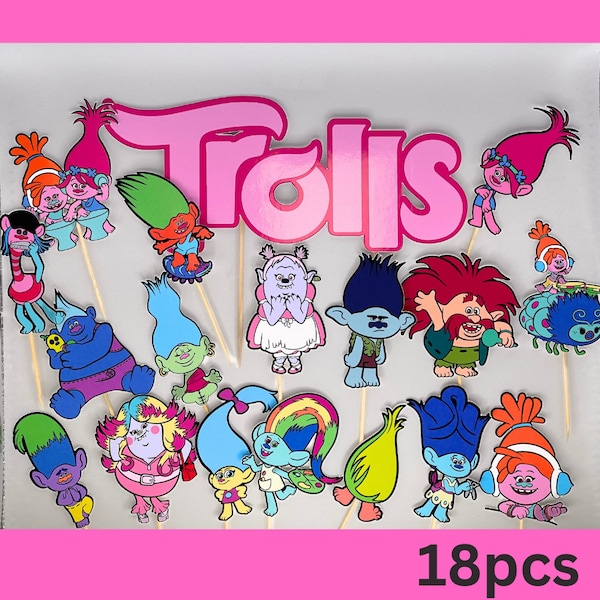 18 Pcs Trolls Cake and Cupcake Toppers, Birthday Party Cupcake Toppers