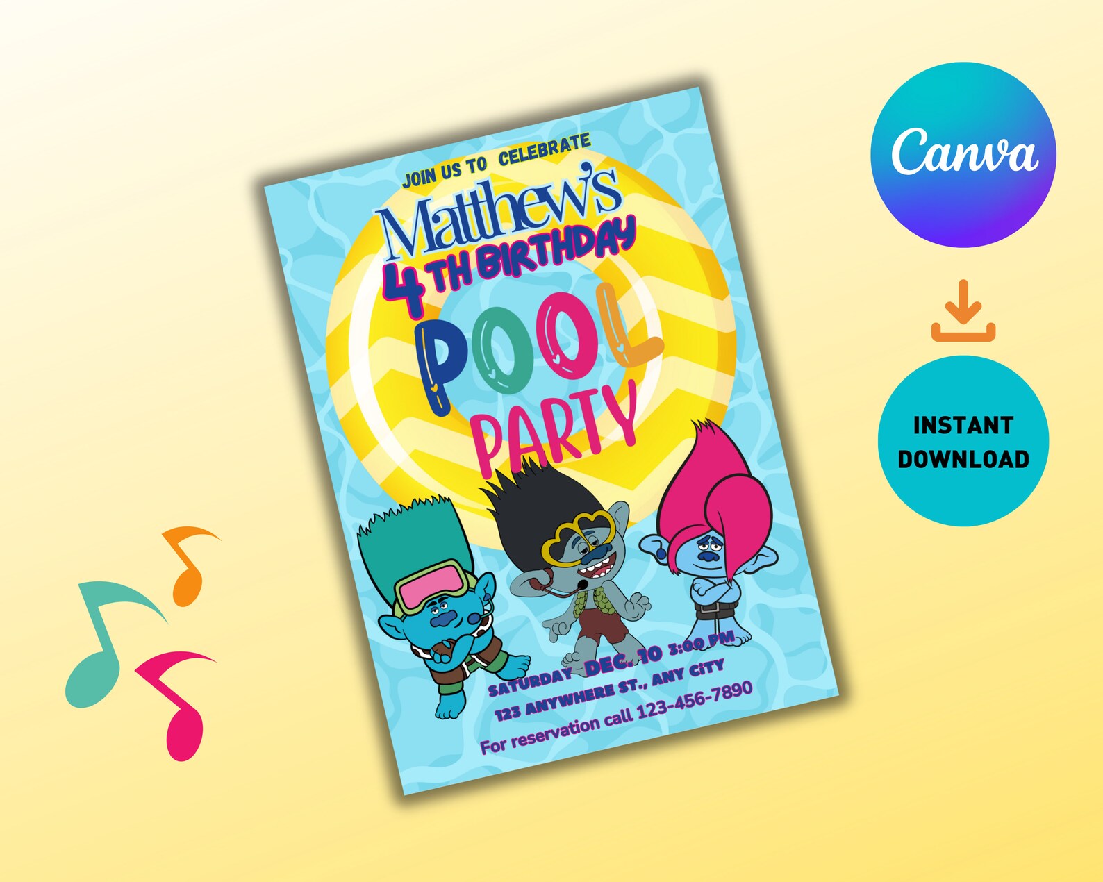Editable Trolls Invitation Template, Trolls Birthday Invitation
