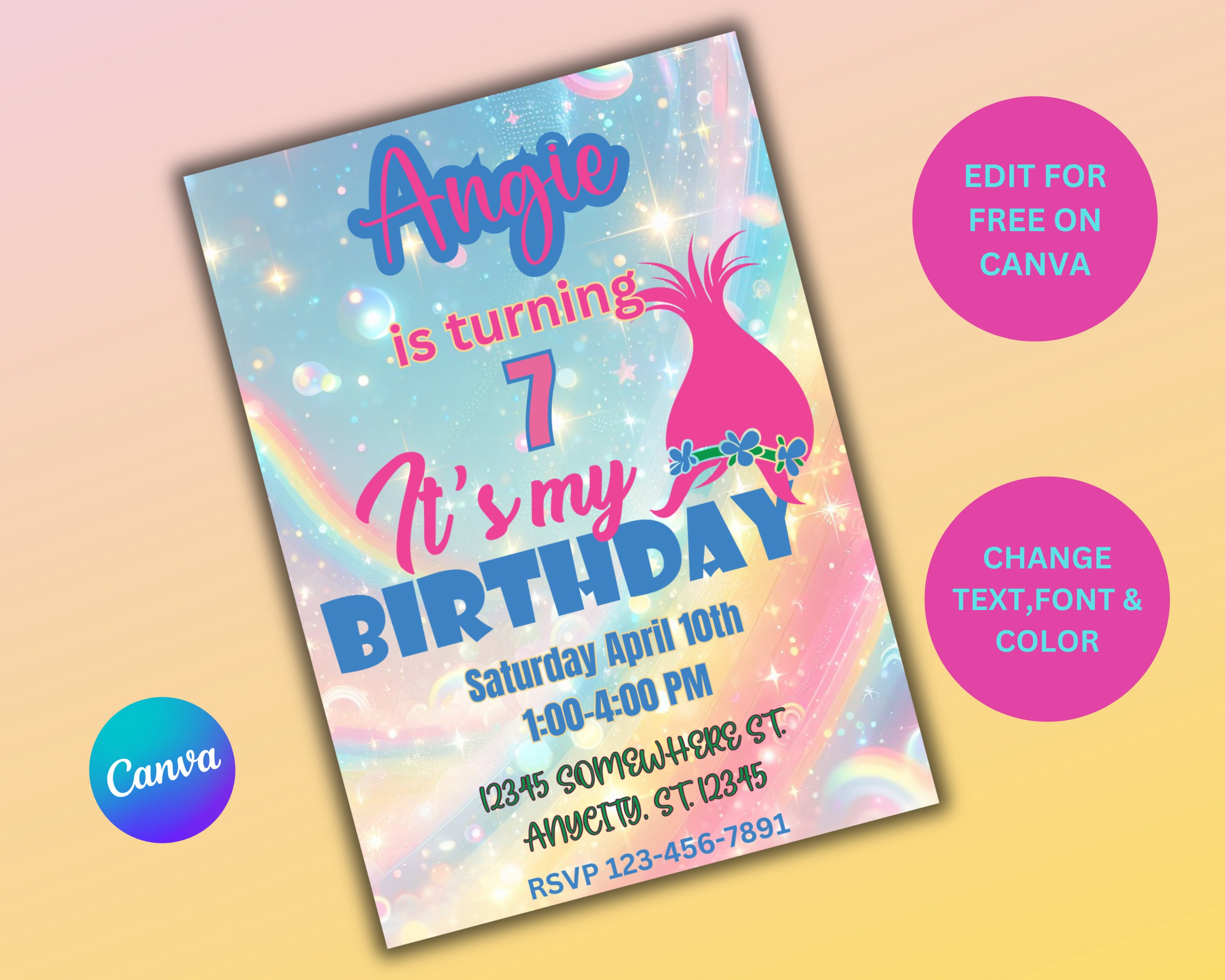 Printable Trolls Invitation, Trolls Birthday Invite Editable, Trolls ...