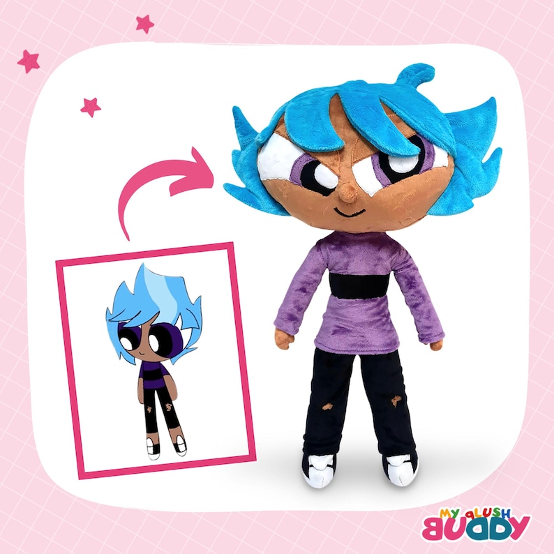 Bright blue hair anime plush doll – great plush commission or anime gift.