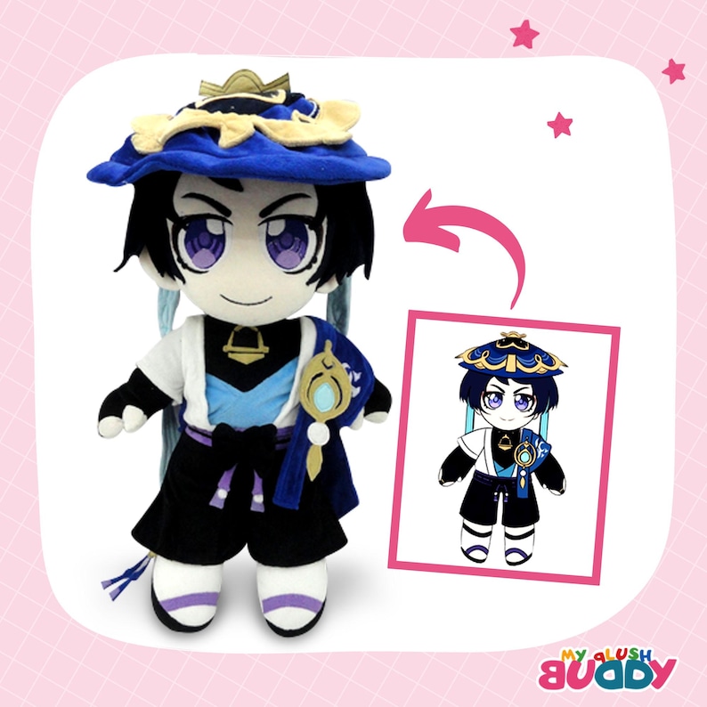 Personalized anime plush in hat – custom gift or holiday gift idea.