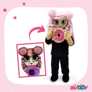 Pink anime plush with donut – fun and unique anime character gift.
