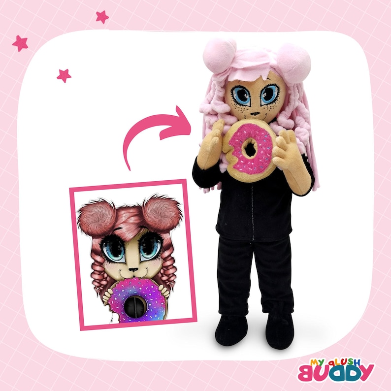 Pink anime plush with donut – fun and unique anime character gift.