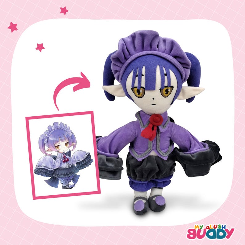 Purple anime character turned plush – unique gift for anime lovers.
