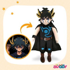 Custom plush of black-haired anime hero – ideal birthday gift or plush commission.