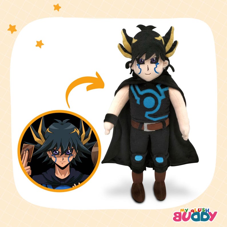 Custom plush of black-haired anime hero – ideal birthday gift or plush commission.