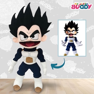 May include: A plush toy of a character with spiky black hair, a stern expression, and a blue and white outfit. The toy has large, expressive eyes and a wide open mouth. The image includes a smaller image of the character and the text "MY PLUSH BUDDY".