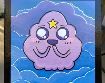 May include: Square wooden art piece featuring a cartoon cloud character with a yellow star and large eyes. The cloud is purple with a light blue background and white cloud outlines. The artwork is framed in black.