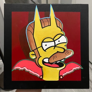 Peut inclure: Peinture carrée représentant un personnage de dessin animé à la peau jaune, une moustache brune et des cornes de diable. Le personnage est placé sur un fond rouge, encadré d'une bordure noire. L'œuvre a un style graphique audacieux.