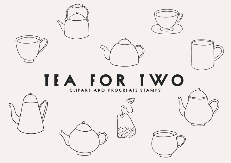Tea for Two Clipart and Procreate Stamps, Afternoon Tea Collage Kit, Tea Party Downloadable