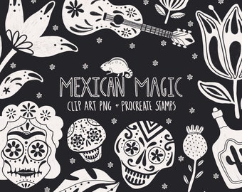 Mexican magic clipart, Mexico procreate stamps, skull candy procreate brushes, collage set, Mexicano themed illustrations