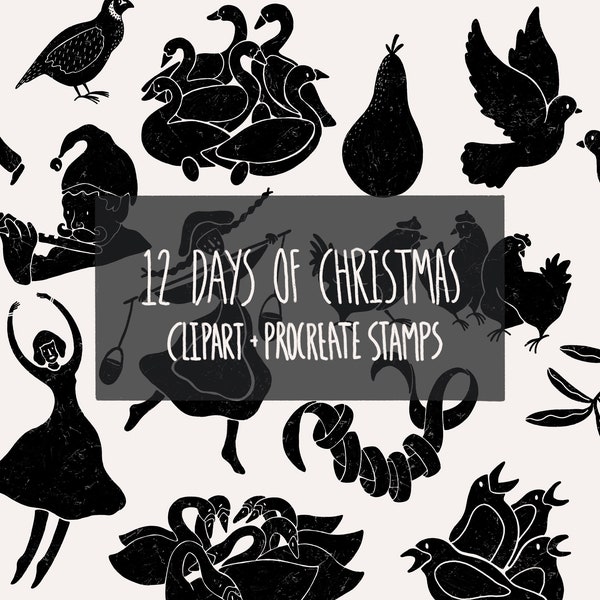 Twelve days of Christmas clipart, winter procreate stamps, season greetings pro create stamp set, Xmas bundle,