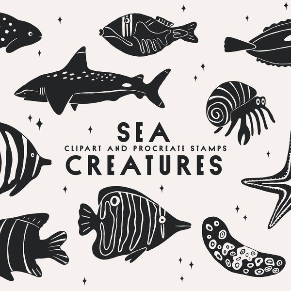 Sea creatures clipart and procreate stamps, fish clip art, fish illustrations, star fish shark nature pro create stickers journal