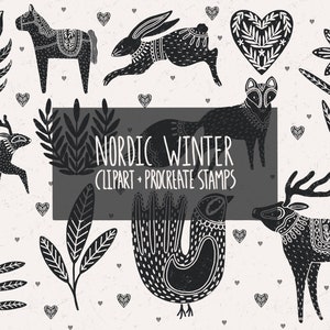 Nordic winter clipart, Christmas themed procreate stamps, make your own Christmas cards, collage set, season greetings