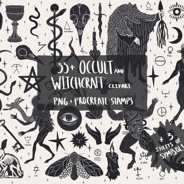 Occult clipart, witchcraft procreate stamps, mystic png, witch , magic , demons , skull , snakes , procreate brushes , symbols