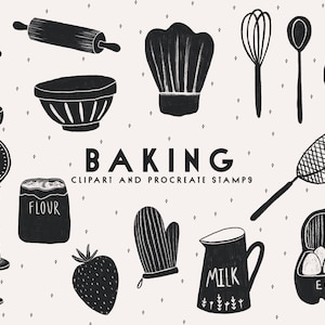 Baking clipart and procreate stamps, bakery illustration, cake digital journal stickers, logo design, cooking collage kit