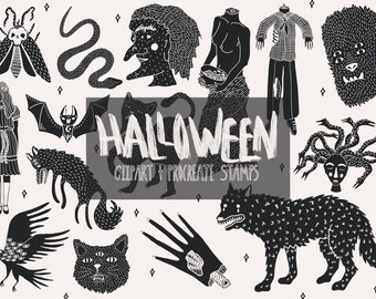 Halloween creatures clipart and procreate stamps, spooky clip art, witch procreate stamp, magic procreate brushes, digital stickers